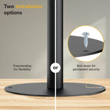 The Mount-It! Universal Anti-Theft Tablet Countertop Stand features a black pole with a round base and offers freestanding or bolted installation, providing secure, flexible tablet display options for countertops.