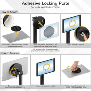 Instructional graphic for the Mount-It! Universal Anti-Theft Tablet Countertop Stand shows how to attach and remove the adhesive locking plate, with images and arrows for placement, alignment, rotation, and adhesive removal steps.