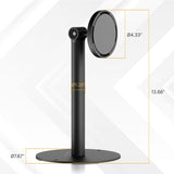 A sleek black Universal Anti-Theft Tablet Countertop Stand by Mount-It! featuring a round base measuring 7.87 inches in diameter, a vertical pole 13.66 inches tall and 1.26 inches thick, topped with a circular mounting plate 4.33 inches wide, designed to securely hold tablets while providing anti-theft protection in a professional, minimalist style.