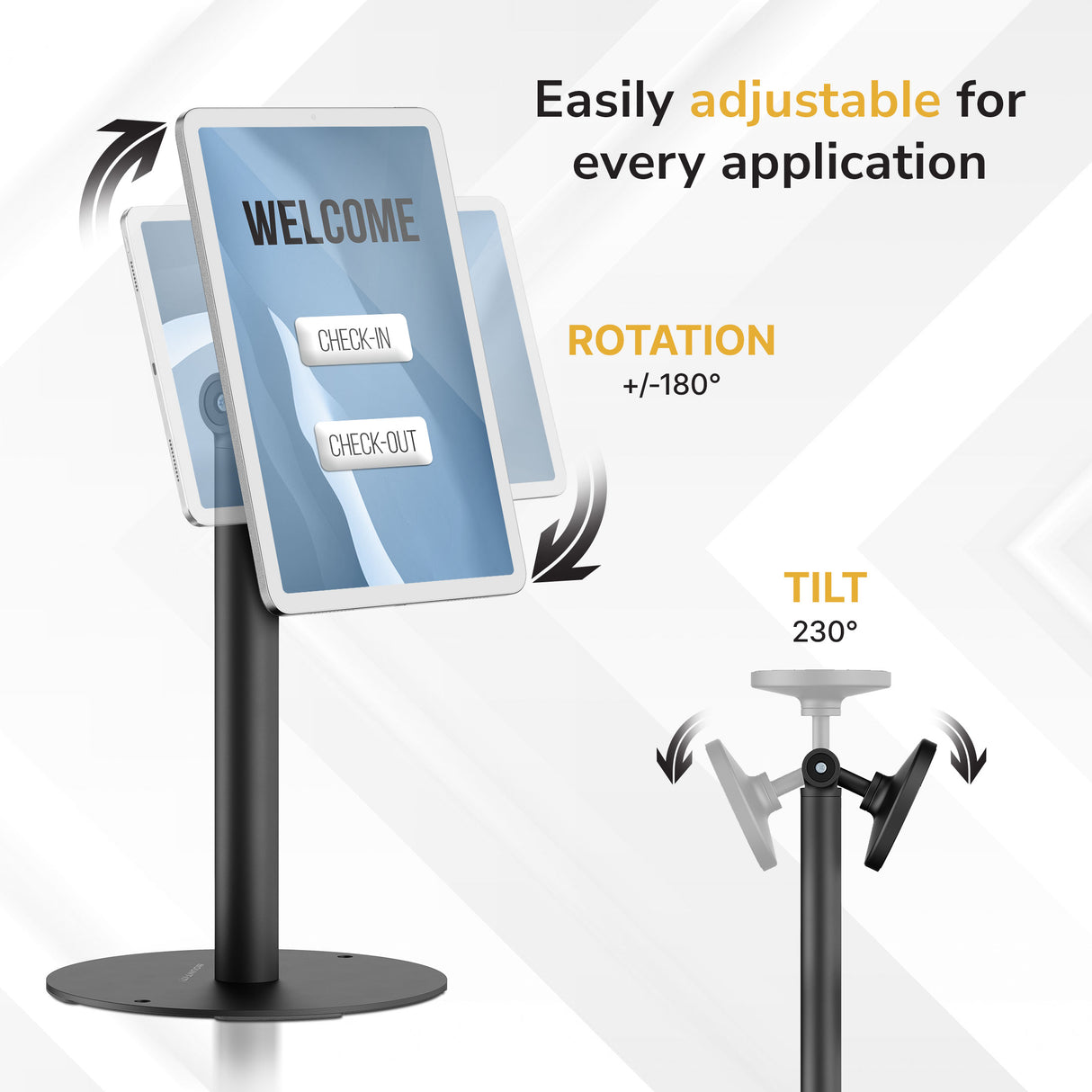 Universal Anti-Theft Tablet Countertop Stand by Mount-It! shown with adjustable rotation and tilt features, demonstrating 180-degree swivel and 230-degree tilt capabilities on a sleek, black cylindrical stand with a round base. The image highlights the stand’s ease of adjustment for optimal tablet positioning in various applications while securely holding a tablet with a welcome screen in a professional, modern setting.