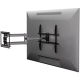 Full Motion TV Wall Mount with Extra Long Extension for 43" - 100" TVs shown installed on a large flat-screen television, featuring a heavy-duty steel dual arm design that extends outward for versatile viewing angles while securely supporting the TV, demonstrating the mount’s capability for long extension and flexible positioning in a sleek, professional setup.