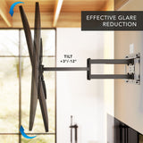 Full Motion TV Wall Mount with Extra Long Extension for 43" - 100" TVs showing tilt adjustment feature with +3°/-12° range for effective glare reduction, mounted on a wall with extended dual arms demonstrating flexible viewing angles and sturdy design.