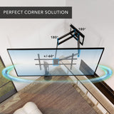 Full Motion TV Wall Mount with Extra Long Extension for 43" - 100" TVs shown installed in a corner, demonstrating 180-degree swivel and +/-60-degree tilt capability, designed for optimal viewing angles, featuring a dual-arm heavy-duty steel construction for secure mounting and a sleek space-saving profile to enhance room aesthetics.