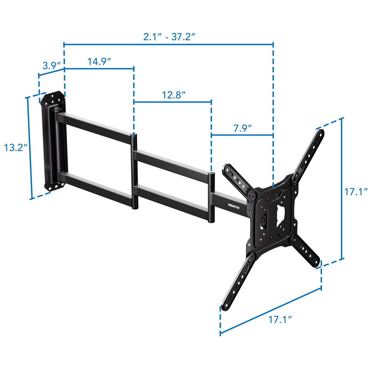 Full Motion TV Wall Mount with Extra Long Extension for 23"-65" TVs showing detailed dimensions including maximum extension of 37.2 inches, height of mounting plate 13.2 inches, and 17.1-inch square mounting brackets, illustrating the adjustable arm and durable steel construction designed for versatile positioning and secure support.
