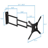 Full Motion TV Wall Mount with Extra Long Extension for 23"-65" TVs showing detailed dimensions including maximum extension of 37.2 inches, height of mounting plate 13.2 inches, and 17.1-inch square mounting brackets, illustrating the adjustable arm and durable steel construction designed for versatile positioning and secure support.