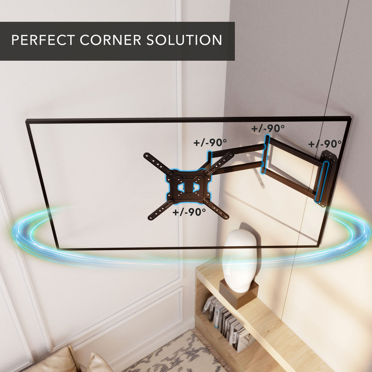 Full Motion TV Wall Mount with Extra Long Extension for 23"-65" TVs shown installed in a corner with the mount fully extended and swivel range highlighted, demonstrating its perfect corner solution and +/- 90-degree adjustable angles for optimal viewing flexibility and space-saving placement.