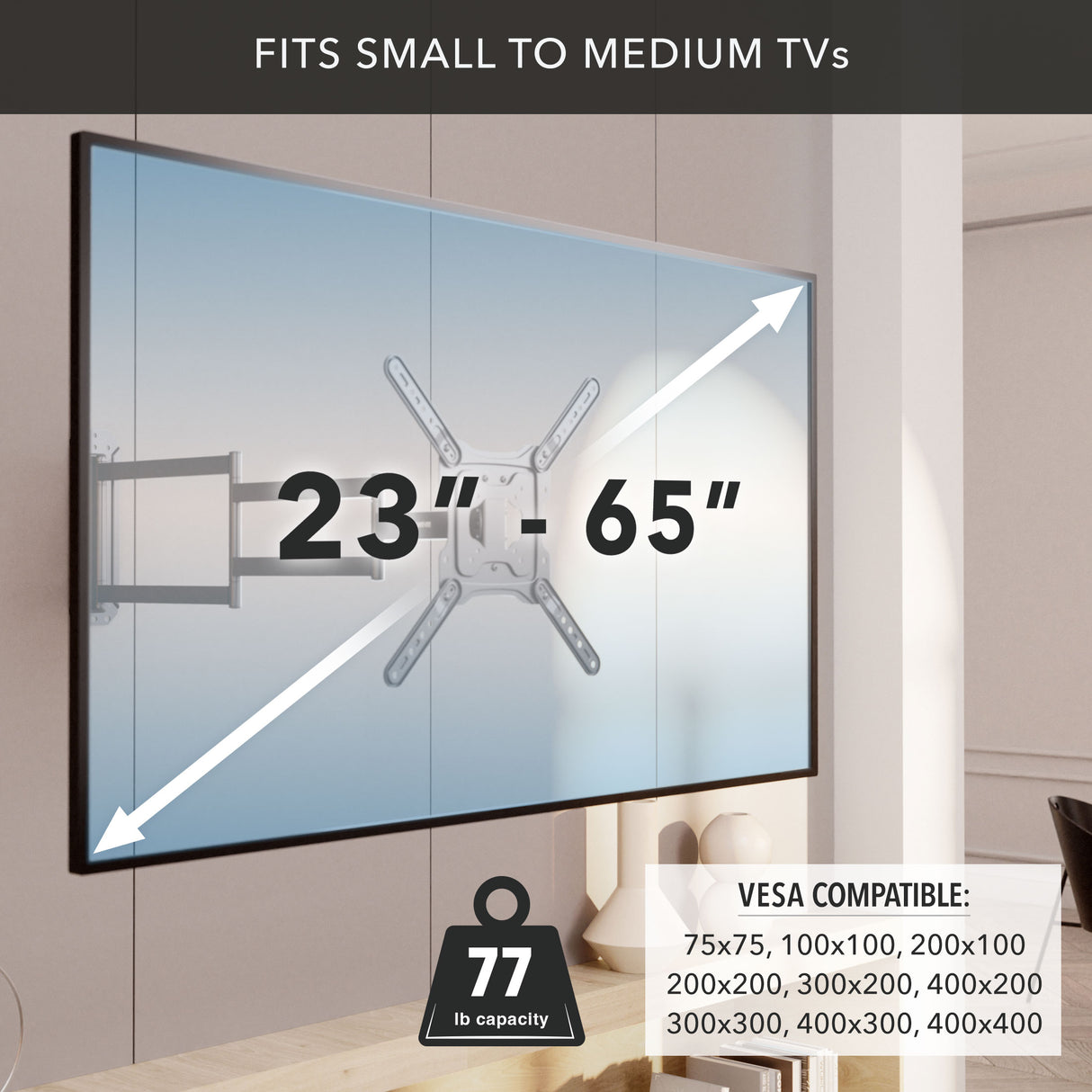 Full Motion TV Wall Mount with Extra Long Extension designed for 23"-65" TVs, showing compatibility with various VESA mounting patterns and supporting up to 77 lb, ideal for securely mounting small to medium-sized TVs with versatile movement and strong steel construction.