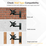 Instructional graphic for the Mount-It! Full Motion Display Wall Mount shows three mounting options: brick wall, solid concrete, or a single wood stud. Features VESA compatibility. Do not mount directly on drywall.