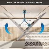 Top-down view of a mounted flat-screen TV on the Mount-It! Full Motion TV Wall Mount, showing ±90° rotation and ±180° tilt with motion arrows. Text: Find the perfect viewing angle.