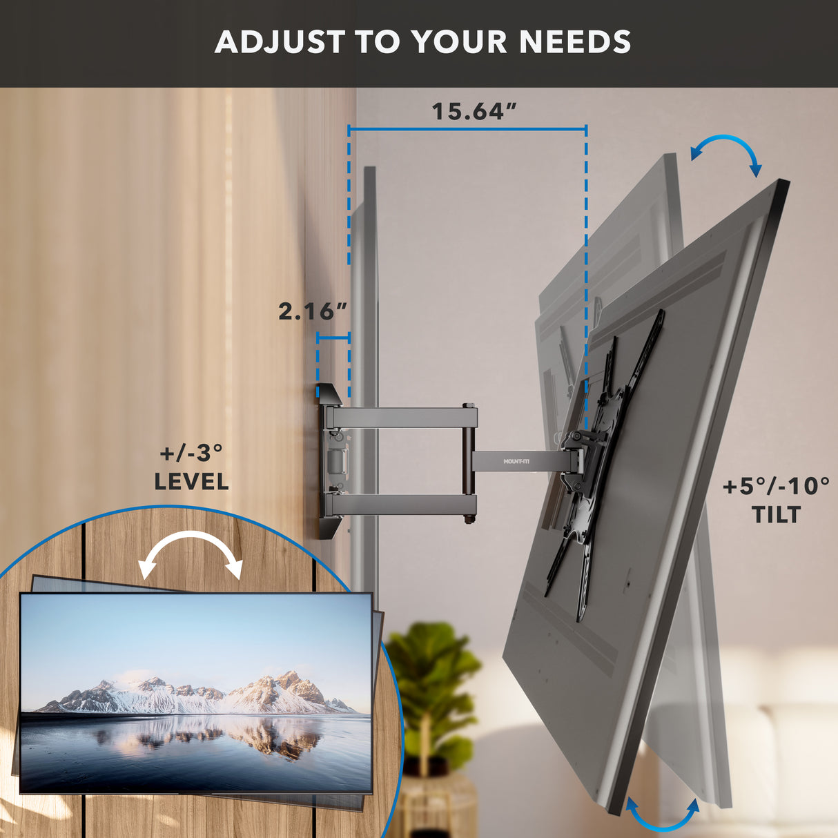 A Mount-It! Full Motion TV Wall Mount extends 15.64" and sits 2.16" from the wall, with tilt adjustment from +5° to -10° and ±3° swivel. Inset shows a leveled TV displaying a landscape mounted on the bracket.