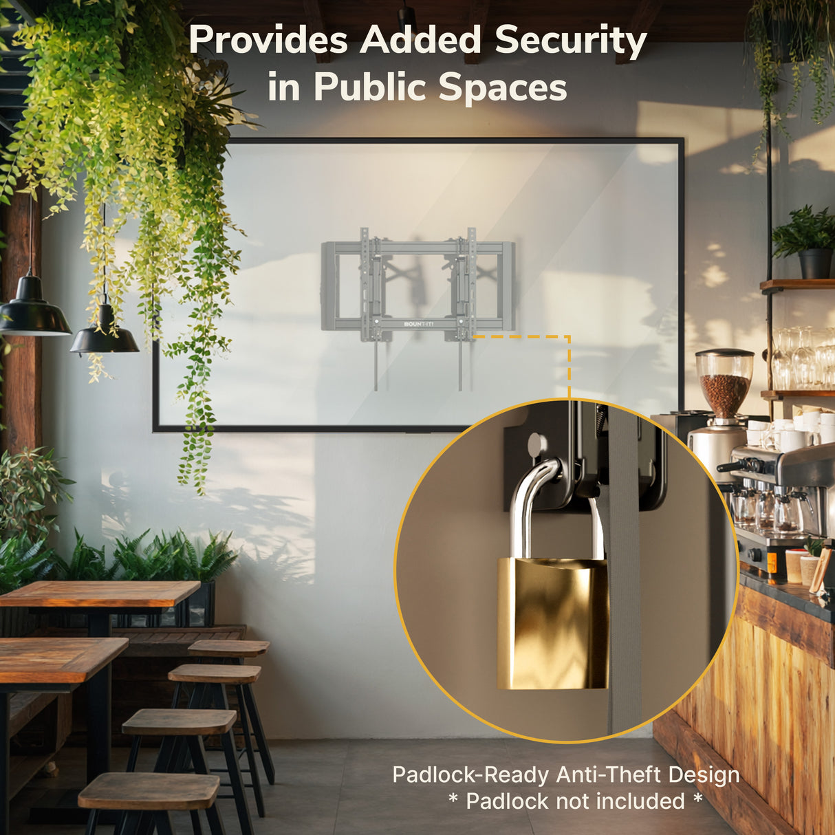 Restaurant interior with wooden tables and chairs, featuring the Mount-It! Heavy-Duty Advanced Tilt TV Wall Mount. A close-up shows a gold padlock securing the tilt mount. Text: Provides Added Security in Public Spaces.