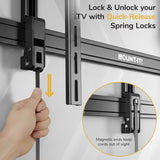 A hand pulls the quick-release cord on the Mount-It! Heavy-Duty Advanced Tilt TV Wall Mount. Text: Lock & Unlock your TV with Quick-Release Spring Locks; magnetic ends keep cords hidden. A yellow arrow shows the pulling motion.