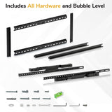 Image displays black metal hardware, screws, bolts, washers, and a green bubble level for the Mount-It! Heavy-Duty Advanced Tilt TV Wall Mount. Text: Includes all mounting hardware and bubble level.