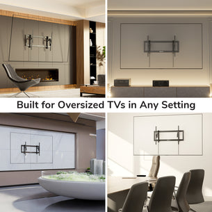 A collage of four modern interiors, each with a large TV mounted using the Mount-It! Heavy-Duty XL Advanced Tilt TV Wall Mount. “Built for Oversized TVs in Any Setting” is displayed across the center.