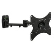 The Mount-It! Full Motion TV Wall Mount features a black, adjustable arm with a flat square VESA-compatible plate, multiple screw holes, and a built-in bubble level on the wall bracket.