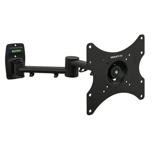 The Mount-It! Full Motion TV Wall Mount features a black, adjustable arm with a flat square VESA-compatible plate, multiple screw holes, and a built-in bubble level on the wall bracket.