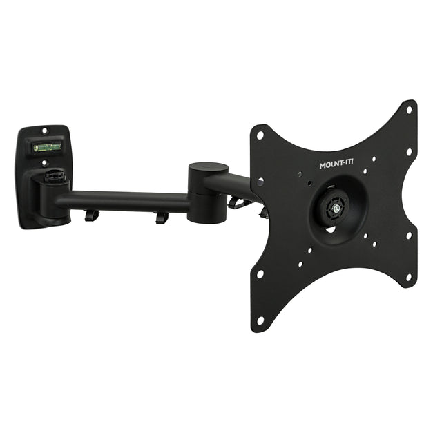 The Mount-It! Full Motion TV Wall Mount features a black, adjustable arm with a flat square VESA-compatible plate, multiple screw holes, and a built-in bubble level on the wall bracket.