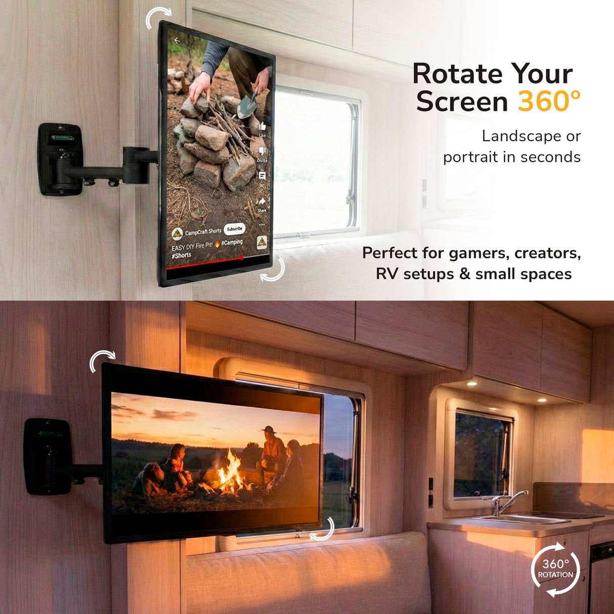 The Mount-It! Full Motion TV Wall Mount is VESA compatible for RVs, rotating 360° for vertical or horizontal display. Ideal for gamers, creators, small spaces, and RV setups needing flexible swivel tilt orientation.