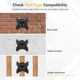 The Mount-It! Anti-Theft Full Motion TV Wall Mount is shown installed on brick, solid concrete, and a single wood stud. Compatible with these surfaces; do not mount directly onto drywall.