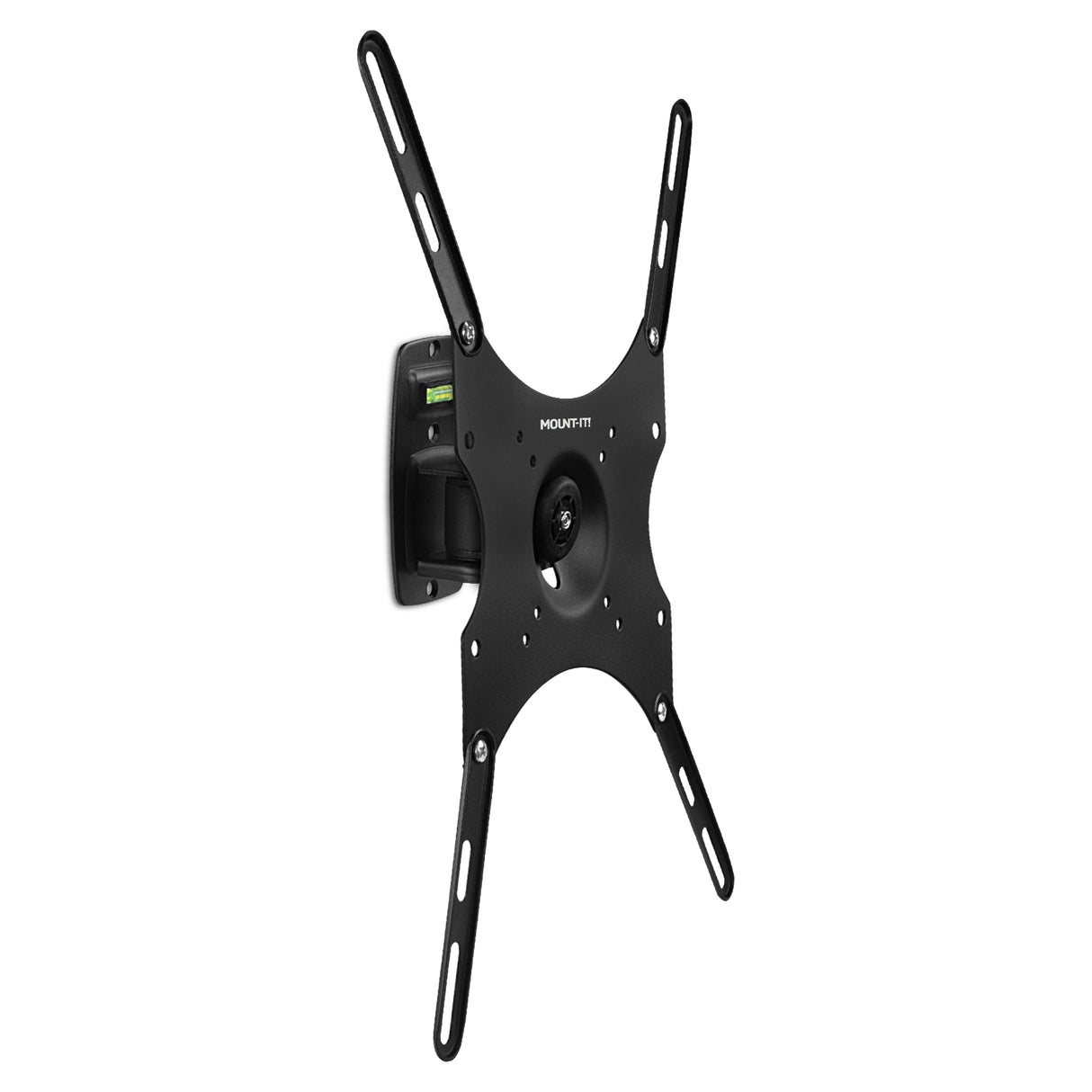The Mount-It! Anti-Theft Full Motion TV Wall Mount is black, features adjustable arms, a built-in level on the mounting plate, and a locking mechanism for secure, anti-theft flat-screen TV installation.