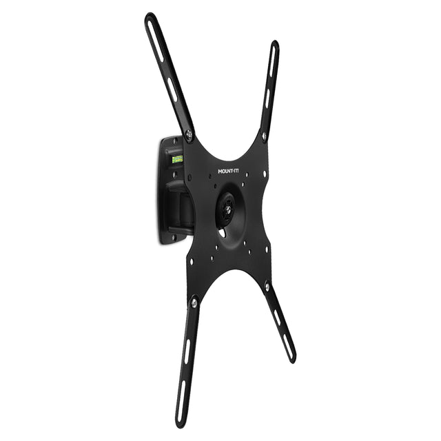 The Mount-It! Anti-Theft Full Motion TV Wall Mount is black, features adjustable arms, a built-in level on the mounting plate, and a locking mechanism for secure, anti-theft flat-screen TV installation.