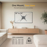 The Mount-It! Anti-Theft Full Motion TV Wall Mount is shown above a wooden cabinet in a modern living room, fitting 19”-55” screens, multiple VESA sizes, and up to 44 lbs, and featuring anti-theft security.