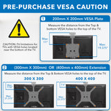 Instructional graphic for Mount-It! Flip-Down Ceiling TV Mount: one image shows a 200x200mm plate, others show 300x300mm and 400x400mm extensions with highlighted VESA measurements and a caution note for proper compatibility.