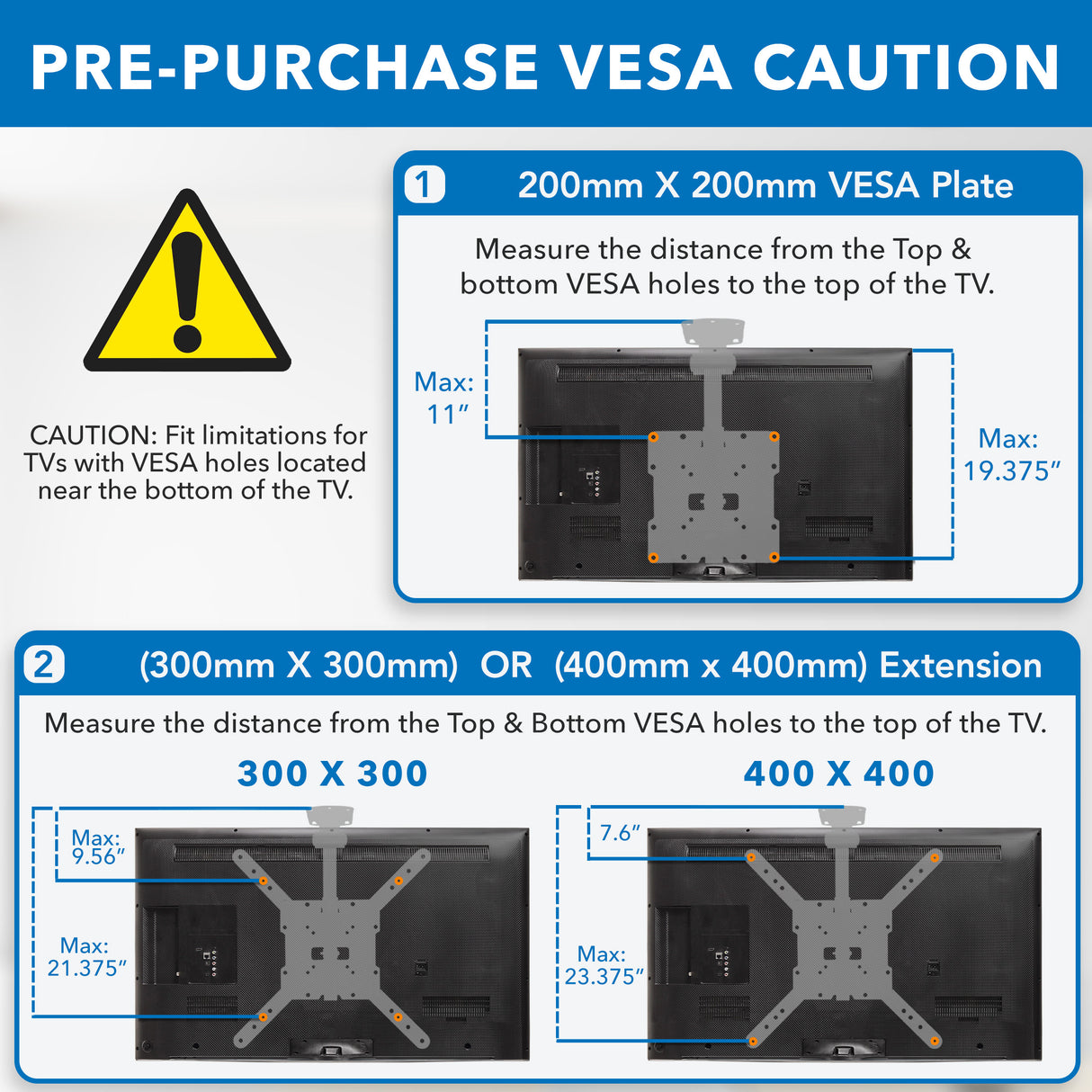 Instructional graphic by Mount-It! shows how to measure VESA mounting holes (200x200mm, 300x300mm, 400x400mm) on your TV for the Flip-Down Ceiling TV Mount. Highlights correct measurement and cautions about low-positioned VESA holes.