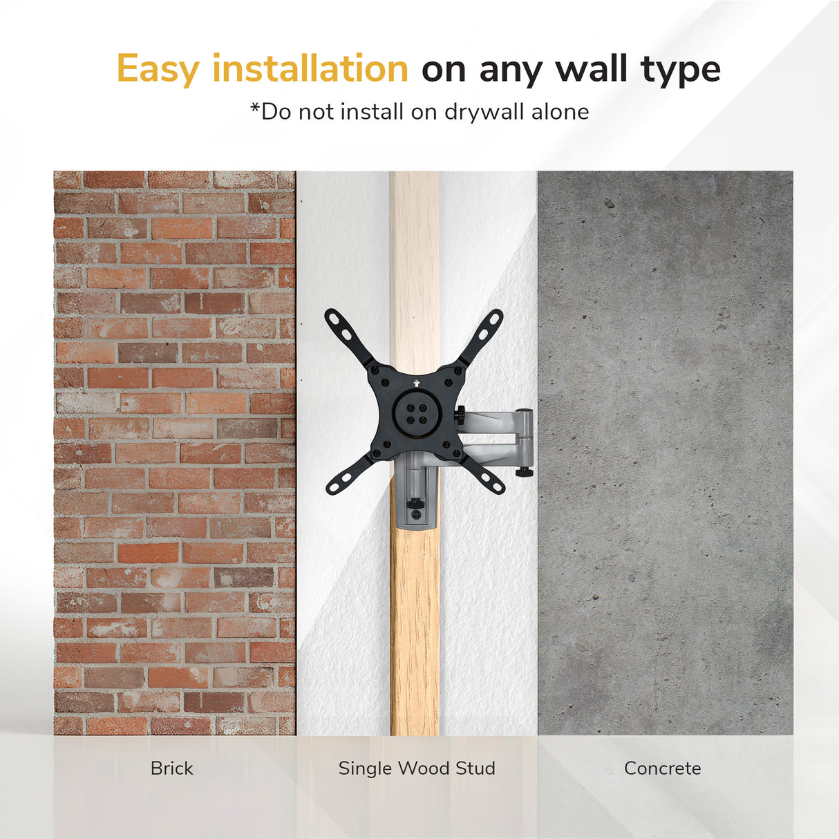 Illustration shows the Mount-It! Full Motion Lockable RV and Trailer TV Mount installed on brick, single wood stud, and concrete. Text: Easy installation on any wall type. Warning: Do not install on drywall alone.