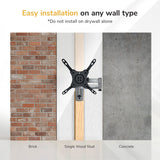 Illustration shows the Mount-It! Full Motion Lockable RV and Trailer TV Mount installed on brick, single wood stud, and concrete. Text: Easy installation on any wall type. Warning: Do not install on drywall alone.