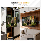 Side-by-side images show the Mount-It! Full Motion Lockable RV and Trailer TV Mount outdoors on an RV and indoors above a couch, both displaying a bear in a forest. Text reads: Install in two locations. Comes with 2 wall plates.