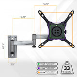 The Mount-It! Full Motion Lockable RV and Trailer TV Mount features a wall-mounted adjustable arm (6.13" tall, 5.25" extension, 2.5" base), supports VESA up to 200x200mm, holds up to 33 lbs, and is ideal for TVs in RVs or trailers.