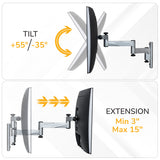 Side-by-side images display the Mount-It! Full Motion Lockable RV and Trailer TV Mount. Top: Tilts monitor +55° up, -35° down. Bottom: Extends from 3" to 15" from wall.