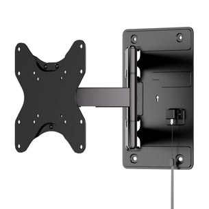 The Mount-It! RV and Trailer TV Wall Mount with Lockable Arm is a black, wall-mounted, adjustable bracket for flat-screen TVs with VESA 200x200 compatibility. A cable is connected at the base. Shown against a plain white background.