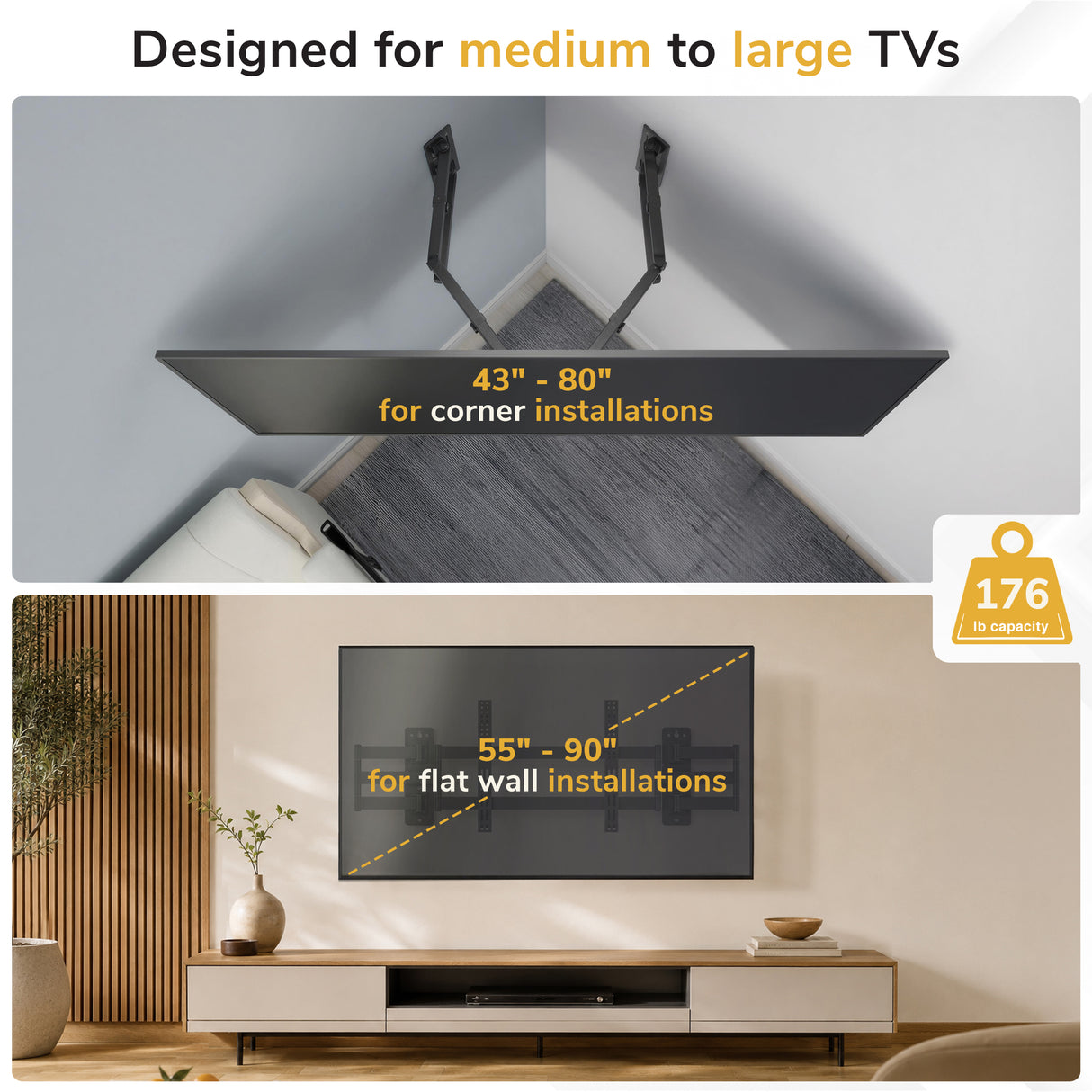 Full-Motion Corner TV Mount with Split Wall Plate