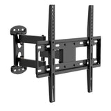The Mount-It! Full Motion Corner TV Wall Mount is a black bracket for flat-screen TVs with multiple screw holes and extendable arms, allowing flexible positioning.