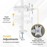 Diagram illustrating the Mount-It! Full Motion Dual Monitor Desk Mount, featuring height adjustment from 2.3" to 15.4" along the pole and ergonomic screen positioning, with labeled arrows highlighting seamless side-by-side alignment.