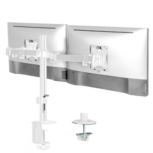 The Mount-It! Full Motion Dual Monitor Desk Mount in white supports two monitors side by side, offering ergonomic positioning with both clamp and grommet mounts for a clean, modern workspace.