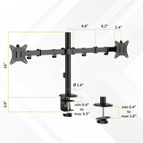 The Mount-It! Full Motion Dual Monitor Desk Mount offers ergonomic screen positioning with VESA mounts. Arm spans: 6.6", 6.2", and 2.4"; height: 16"; clamp fits desks 0.4–3.3" thick; pole diameter: 1.4"; base height: 3.9".