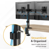 Two monitors mounted with blue cables managed along the black Mount-It! Full Motion Dual Monitor Desk Mount. Inset shows a close-up of the cable clip and tool storage. Text: Streamlined & Organized for ergonomic screen positioning.