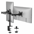 The Mount-It! Full Motion Dual Monitor Desk Mount in black features adjustable arms for ergonomic positioning, securely clamping to the desk edge and holding two flat-screen monitors in landscape orientation.