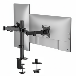 The Mount-It! Full Motion Dual Monitor Desk Mount in black features adjustable arms for ergonomic positioning, securely clamping to the desk edge and holding two flat-screen monitors in landscape orientation.