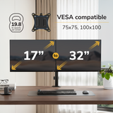The Mount-It! Full Motion Dual Monitor Desk Mount holds two 17–32" screens (up to 19.8 lb each), fits VESA 75x75/100x100, and offers ergonomic positioning for your monitors, keyboard, and mouse setup.