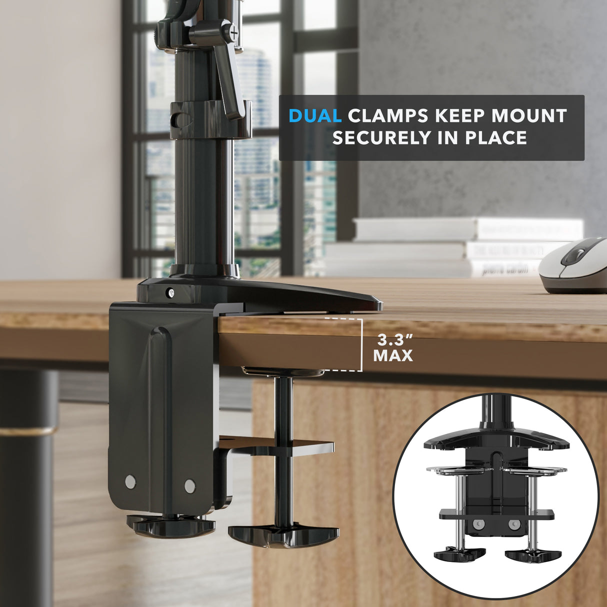 Close-up view of the dual clamp mechanism on the Triple Monitor Mount with Gas Spring Arms securely attached to the edge of a wooden desk, demonstrating the sturdy clamp design that fits desks up to 3.3 inches thick for stable support and organized workspace setup.
