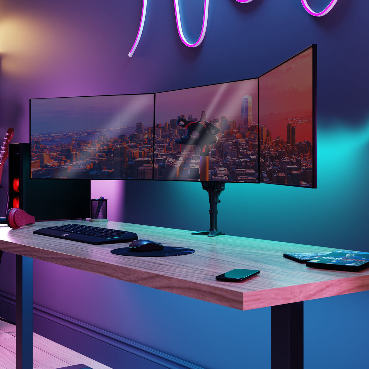 A sleek modern workspace featuring a wooden desk with a triple monitor mount with gas spring arms securely holding three large widescreen monitors side by side, displaying a cityscape. The adjustable arms allow for smooth positioning, creating an organized and ergonomic setup with a clean, clutter-free surface, perfect for professional or home office use.