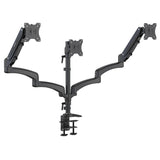 Triple Monitor Mount with Gas Spring Arms in black, designed to hold three monitors side by side with adjustable height, tilt, swivel, and rotation features. Constructed from durable steel with a sturdy clamp-on base for secure attachment to most desks, offering a clean and ergonomic workspace solution for home or office use.