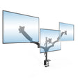 Triple Monitor Mount with Gas Spring Arms showing adjustable steel arms and clamp base securely holding three monitors side by side, designed for smooth height adjustments, tilt, swivel, and rotation for ergonomic workspace organization and reduced glare.
