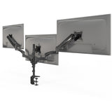 Triple Monitor Mount with Gas Spring Arms supporting three screens side by side, featuring adjustable tilt, swivel, and rotation for ergonomic positioning, sturdy clamp-on base for secure attachment to desks, and durable steel construction designed to hold monitors up to 32 inches for efficient workspace organization and comfort.