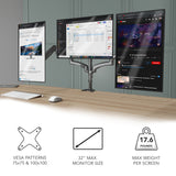 Triple Monitor Mount with Gas Spring Arms supporting three 32-inch monitors mounted side by side on a desk, featuring adjustable height, tilt, swivel, and rotation with sturdy steel construction and a clamp-on design for secure attachment and ergonomic workspace organization.