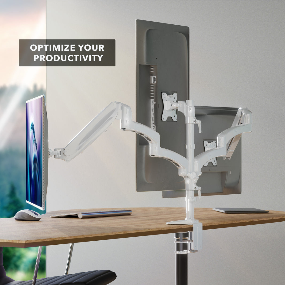 Triple Monitor Mount with Gas Spring Arms in white, securely clamped to a wooden desk holding three monitors side by side, showing adjustable arms allowing smooth height, tilt, swivel, and rotation for ergonomic workspace optimization and improved productivity in a modern office setting.